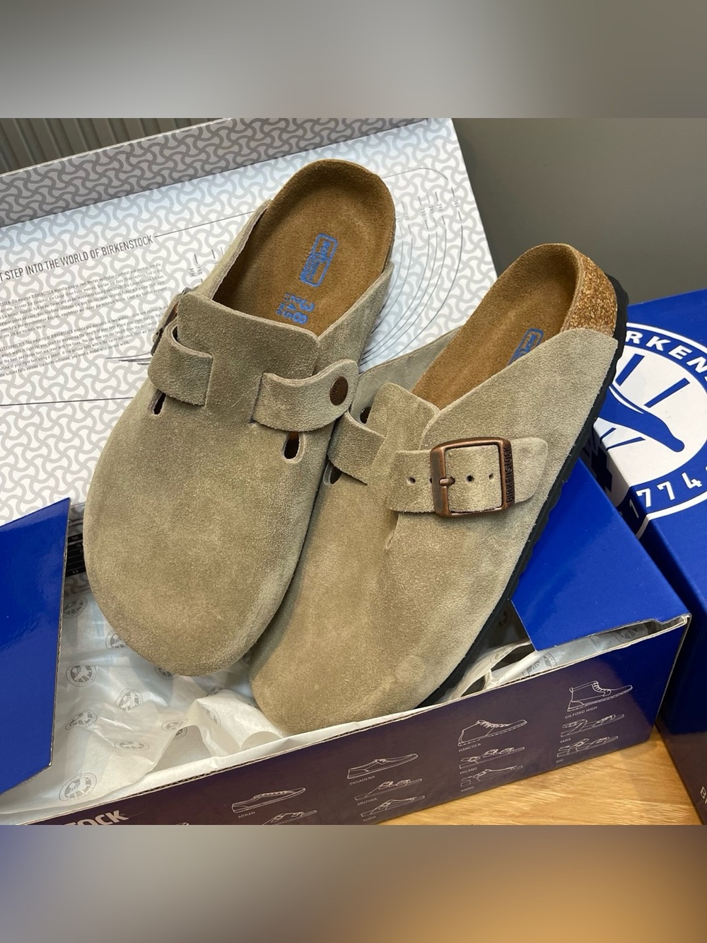 Birkenstock Boston taupe suede mule clogs
